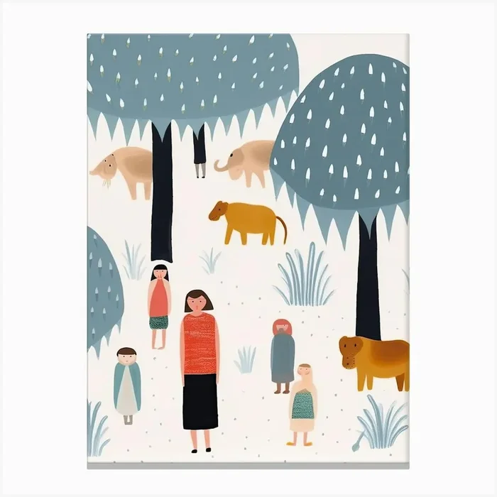 Tiny People At The Zoo Animals And Illustration 4 Canvas Print by Mambo