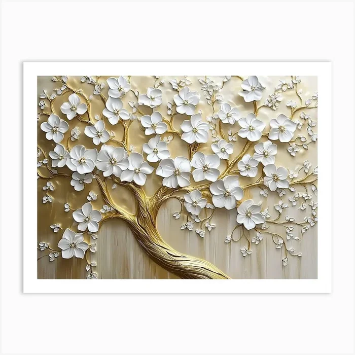 Tree Of Life. 3d Stunning Floral Tree with White Flowers Leaves on Golden Stems Art Print by Divine Studio