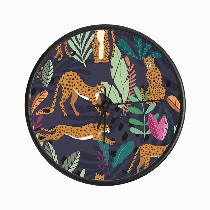 Tropical Cheetah Pattern On Deep Purple With Colorful Florals And Decoration Clock by BlueLela