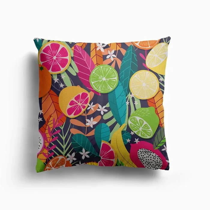 Tropical Fruits Pattern On Deep Purple With Floral Decoration Canvas Cushion by BlueLela