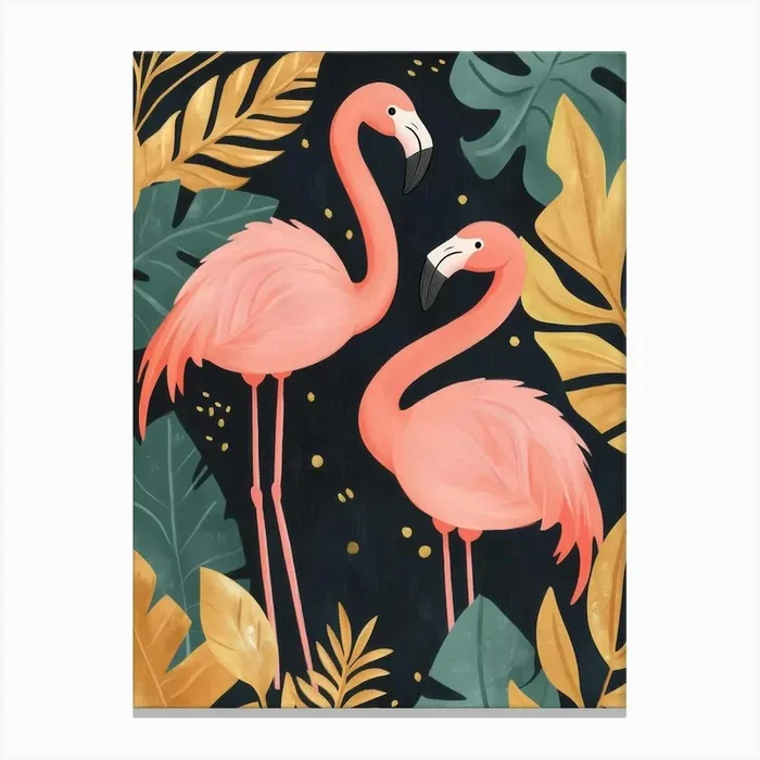 Tropical Plants With Flamingos Canvas Print by Melloi Art Prints