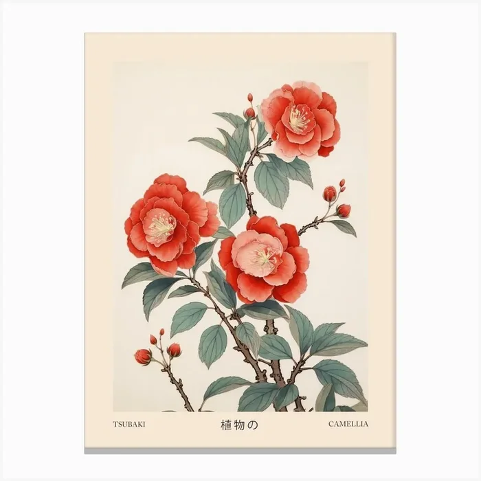 Tsubaki Camellia 1 Vintage Japanese Botanical Poster Canvas Print by Botanic Studio