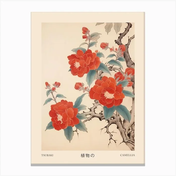 Tsubaki Camellia 2 Vintage Japanese Botanical Poster Canvas Print by Botanic Studio