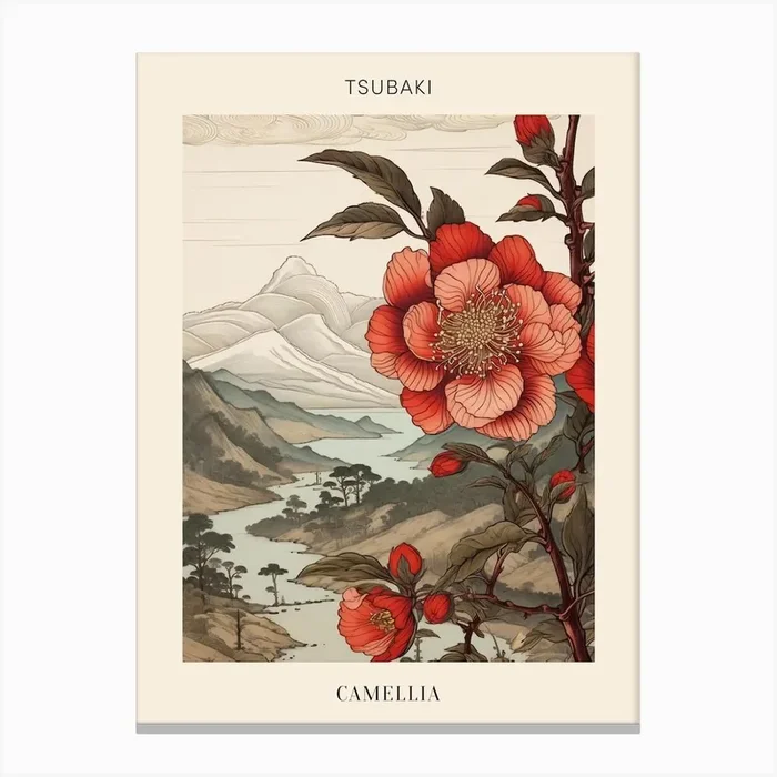 Tsubaki Camellia Japanese Botanical Illustration Poster Canvas Print by Botanic Studio