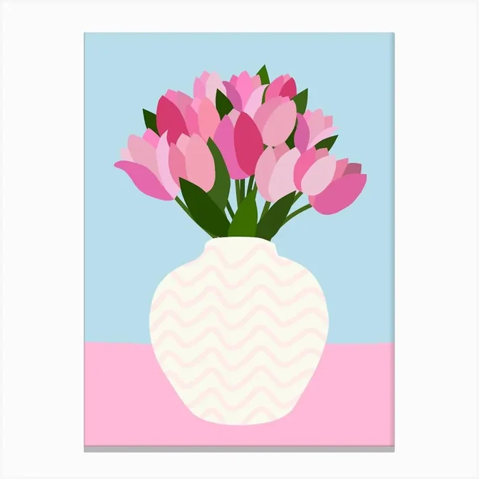 Tulip Arrangement – Floral Vase Pink And Blue Canvas PrintDR by Daily Regina Designs