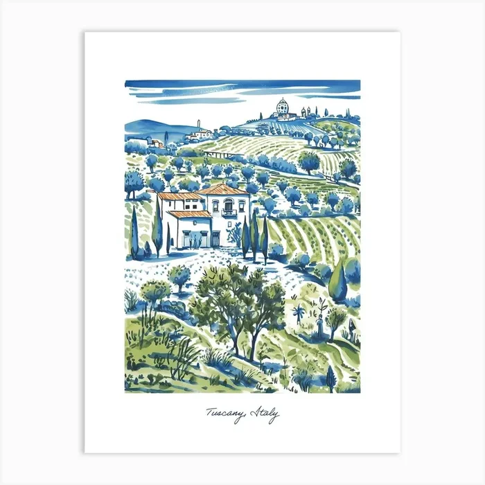 Tuscany Italy Hills Illustration Line Art Travel Blue Art Print by Mambo