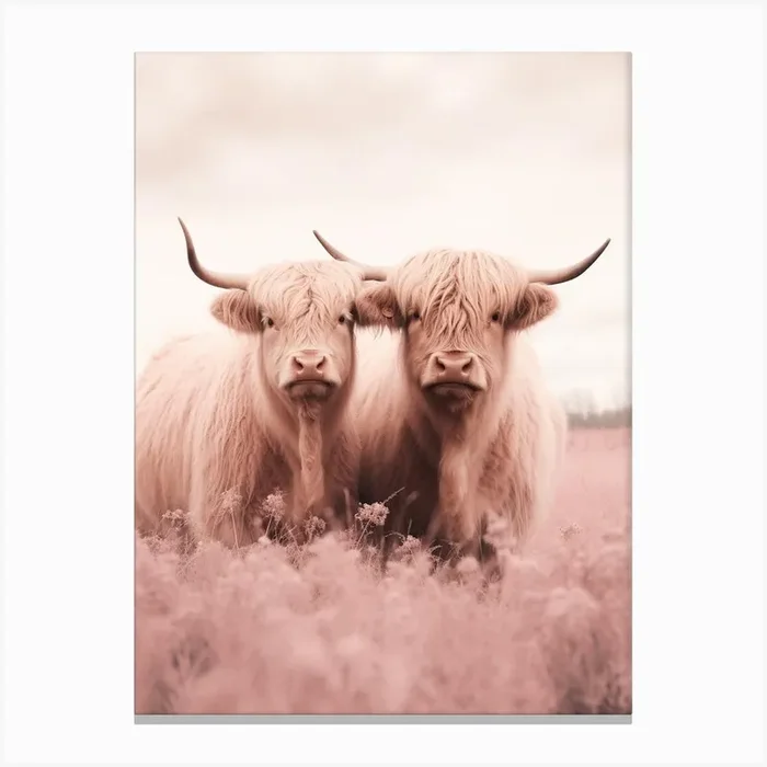 Two Highland Cows Pink Portrait 4 Canvas Print by Exploring the Highlands