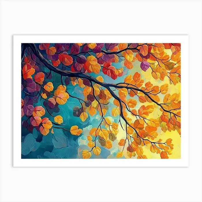 Vibrant 3d Tree Abstraction Colorful Leaves On Hanging Branches 3 Art Print by Divine Studio