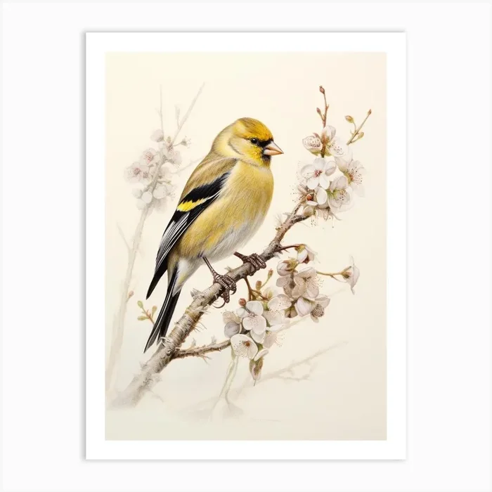 Vintage Bird Drawing American Goldfinch 2 Art Print by Feathered Muse