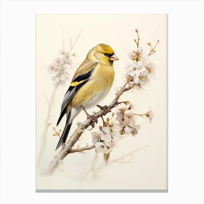 Vintage Bird Drawing American Goldfinch 2 Canvas Print by Feathered Muse