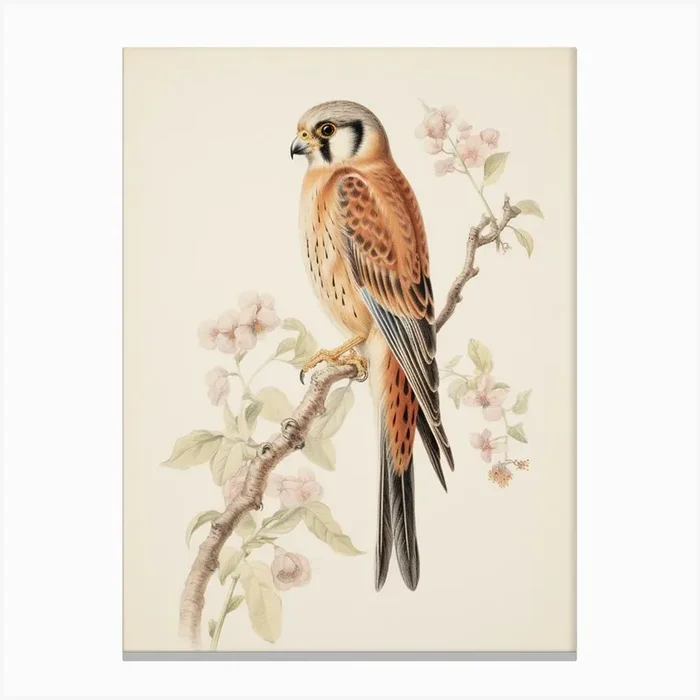 Vintage Bird Drawing American Kestrel 2 Canvas Print by Feathered Muse