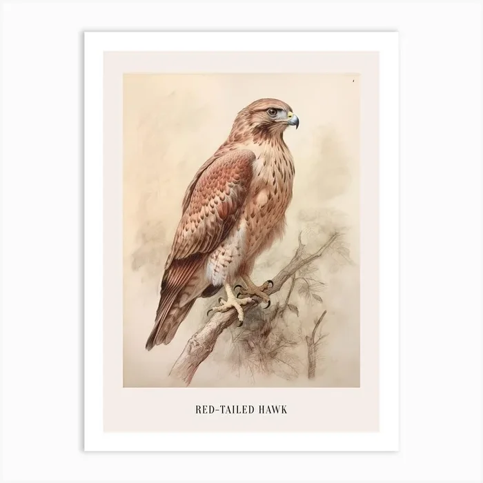 Vintage Bird Drawing Red Tailed Hawk 2 Poster Art Print by Feathered Muse
