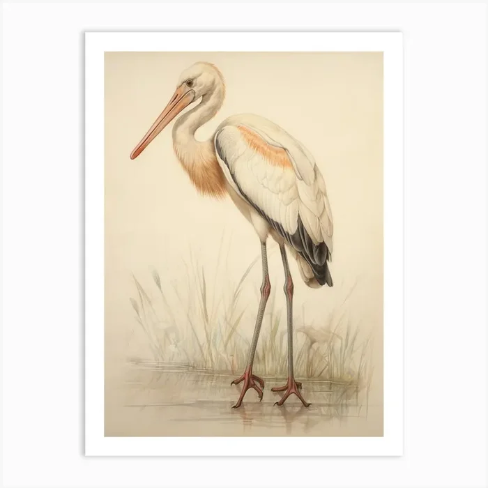 Vintage Bird Drawing Stork 3 Art Print by Feathered Muse