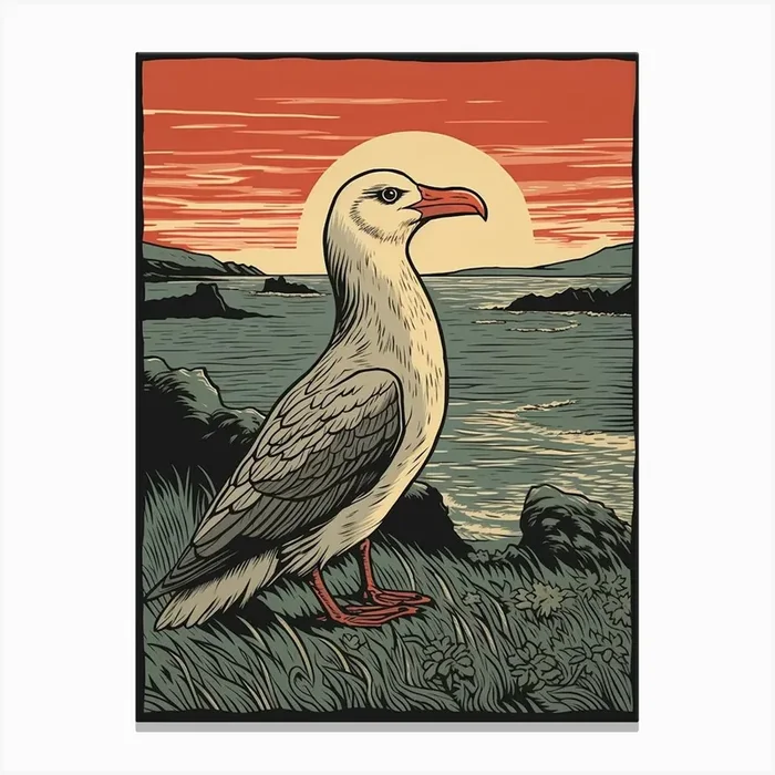 Vintage Bird Linocut Albatross 1 Canvas Print by Feathered Muse