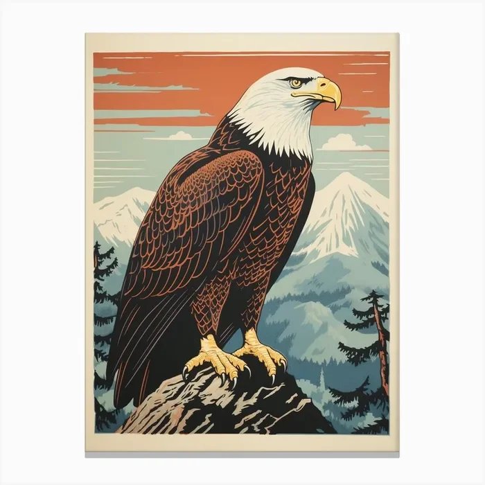 Vintage Bird Linocut Bald Eagle 2 Canvas Print by Feathered Muse