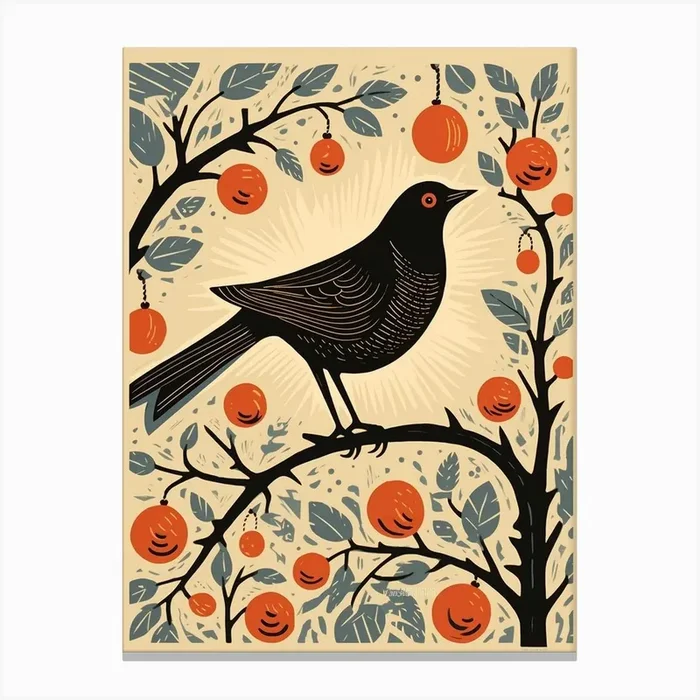 Vintage Bird Linocut Blackbird 3 Canvas Print by Feathered Muse