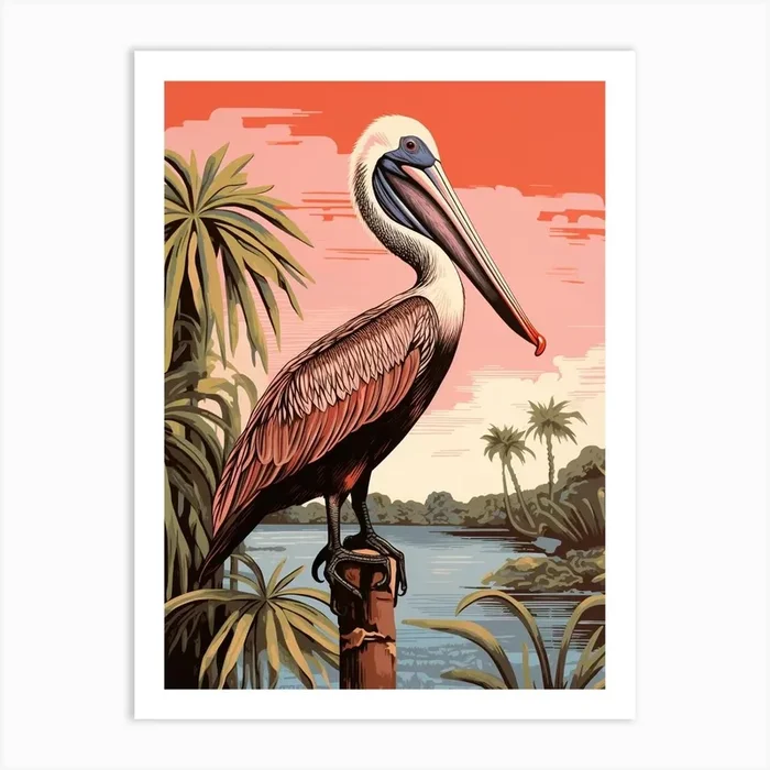 Vintage Bird Linocut Brown Pelican 2 Art Print by Feathered Muse