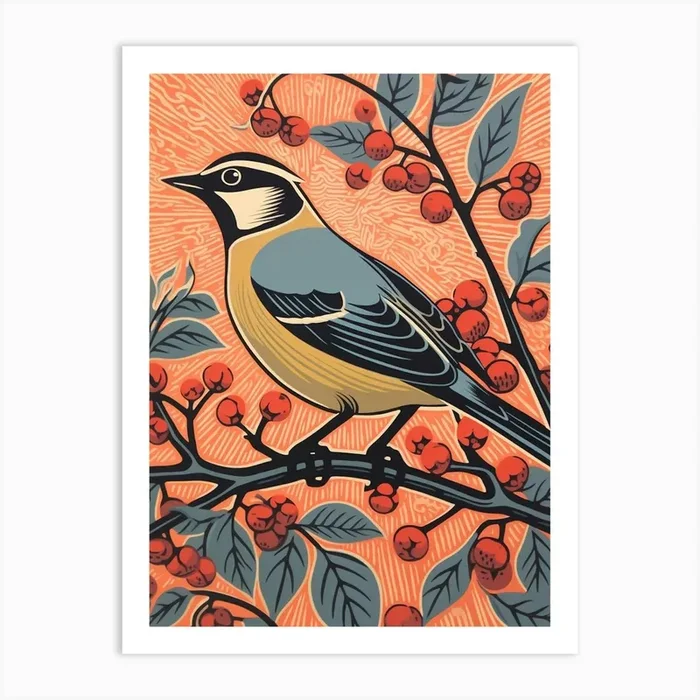 Vintage Bird Linocut Cedar Waxwing 3 Art Print by Feathered Muse