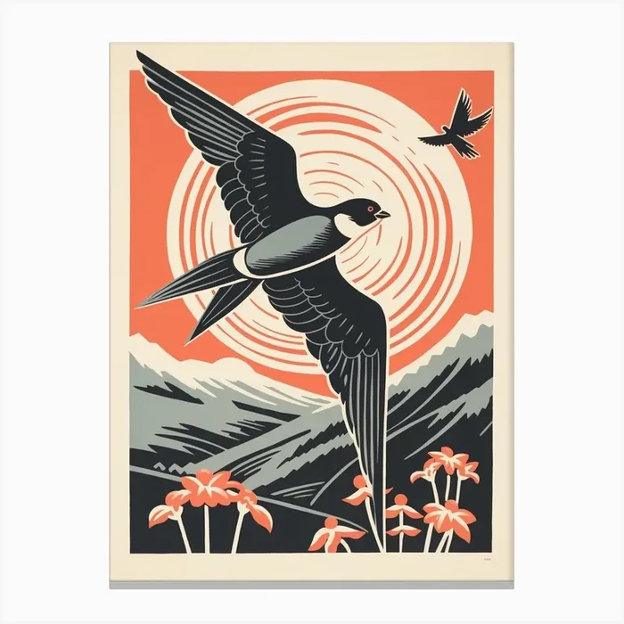 Vintage Bird Linocut Chimney Swift 1 Canvas Print by Feathered Muse