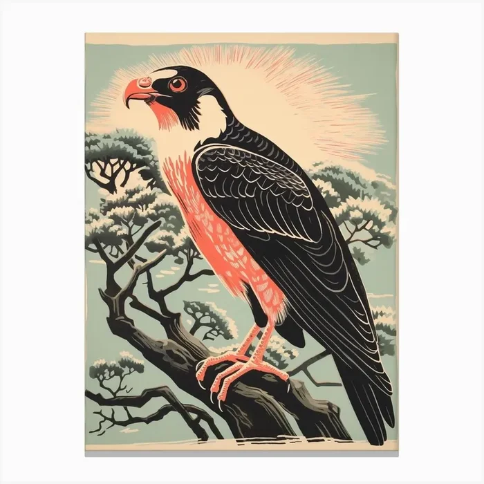 Vintage Bird Linocut Crested Caracara 4 Canvas Print by Feathered Muse