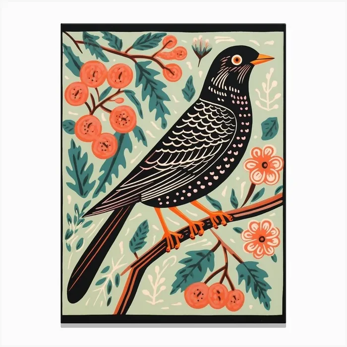 Vintage Bird Linocut Cuckoo 2 Canvas Print by Feathered Muse