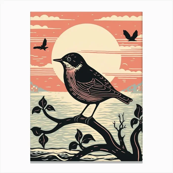 Vintage Bird Linocut Dipper 1 Canvas Print by Feathered Muse