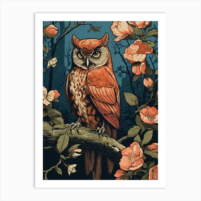 Vintage Bird Linocut Eastern Screech Owl 1 Art Print by Feathered Muse