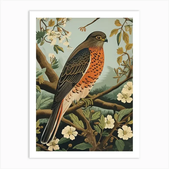 Vintage Bird Linocut Eurasian Sparrowhawk 3 Art Print by Feathered Muse