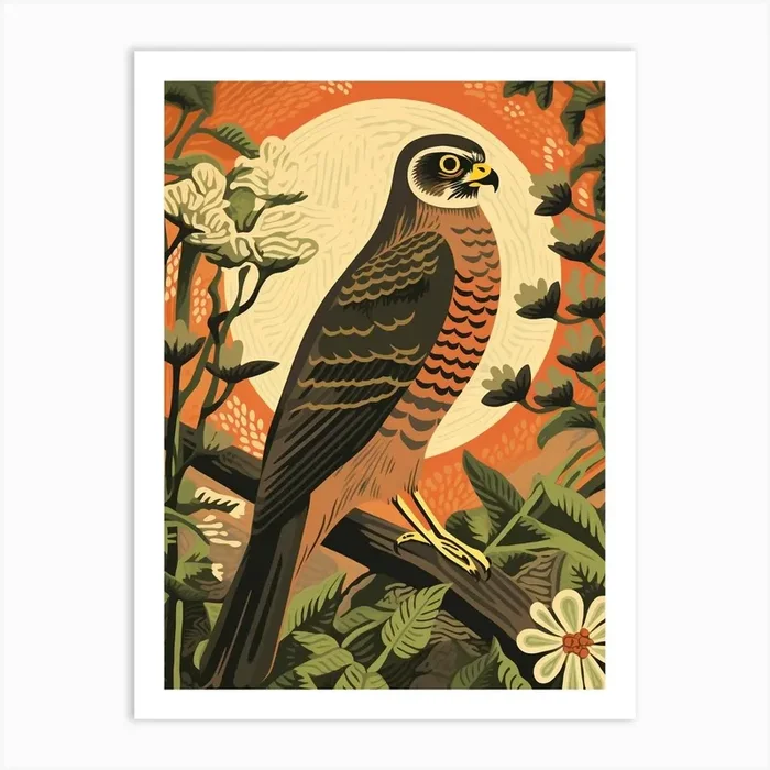 Vintage Bird Linocut Eurasian Sparrowhawk 4 Art Print by Feathered Muse