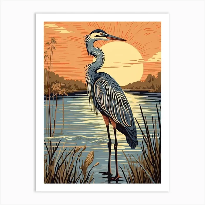 Vintage Bird Linocut Great Blue Heron 6 Art Print by Feathered Muse