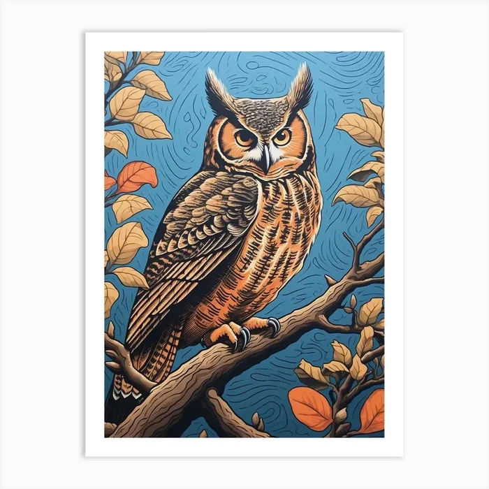 Vintage Bird Linocut Great Horned Owl 3 Art Print by Feathered Muse