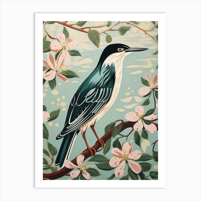 Vintage Bird Linocut Green Heron 1 Art Print by Feathered Muse