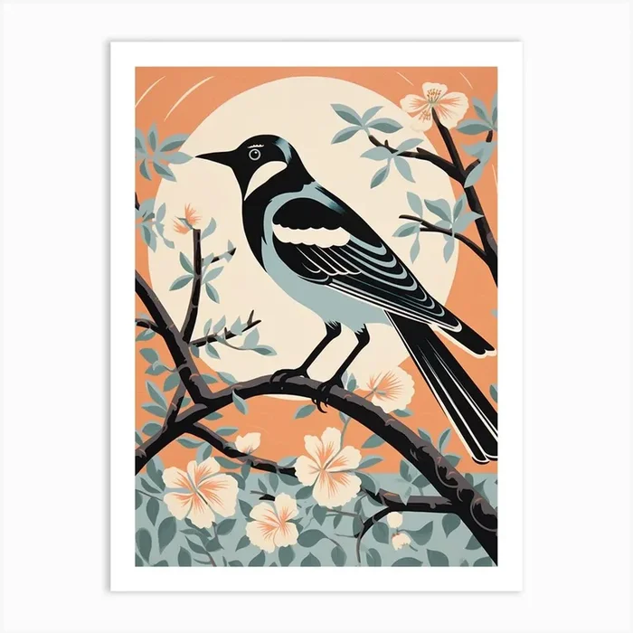 Vintage Bird Linocut Magpie 5 Art Print by Feathered Muse