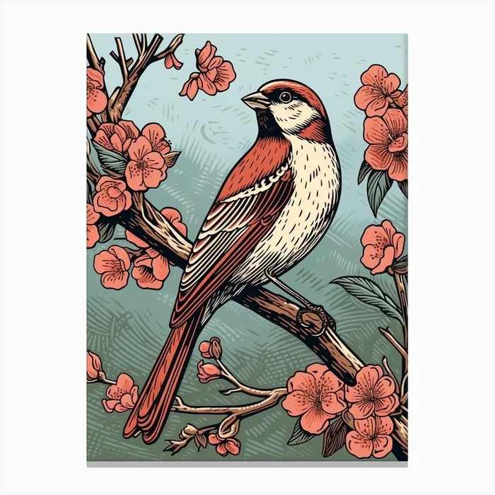 Vintage Bird Linocut Sparrow 4 Canvas Print by Feathered Muse