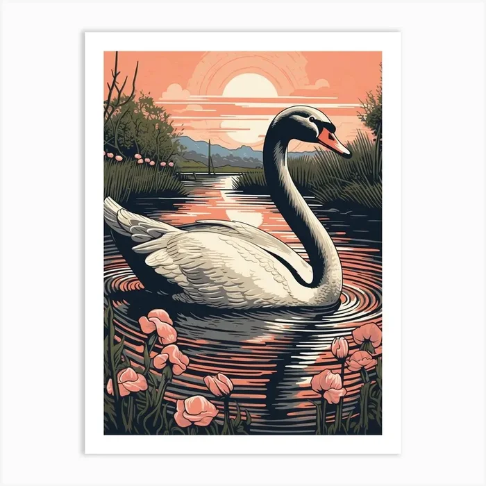 Vintage Bird Linocut Swan 1 Art Print by Feathered Muse