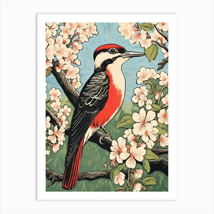 Vintage Bird Linocut Woodpecker 2 Art Print by Feathered Muse