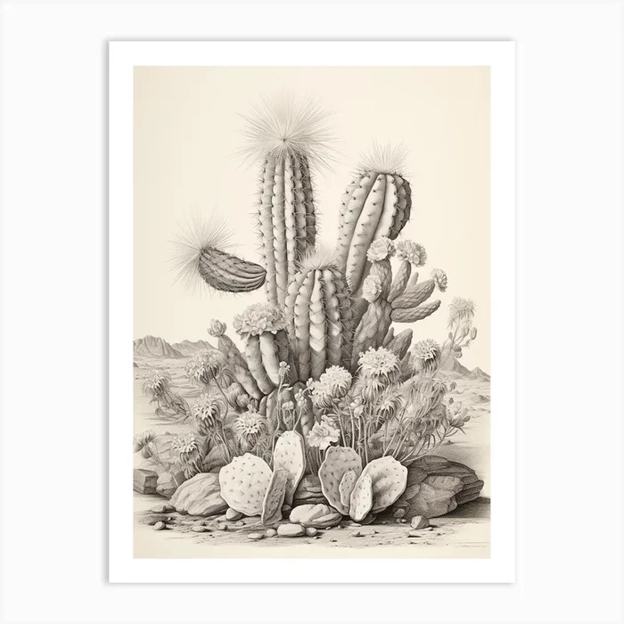 Vintage Cactus Illustration Bishops Cap Cactus B&W Art Print by Botanic Studio