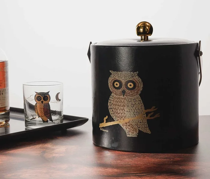 Vintage Couroc Of Monterey Black & Gold Owl Ice Bucket Sets
