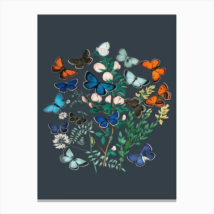 Vintage Flowers Floral Butterfly Illustration Grey Canvas Print by Ink North