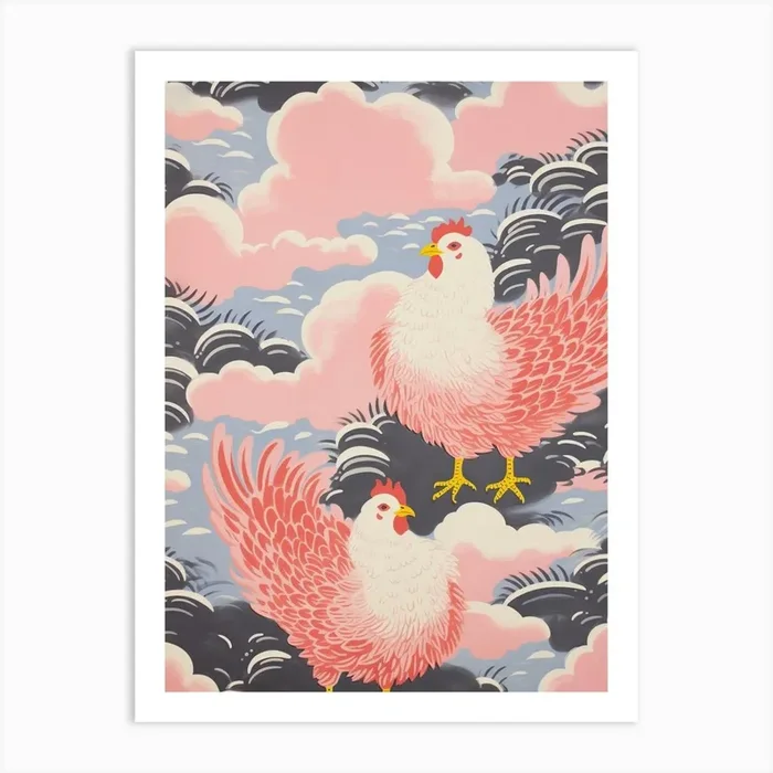 Vintage Japanese Inspired Bird Print Chicken 3 Art Print by Feathered Muse