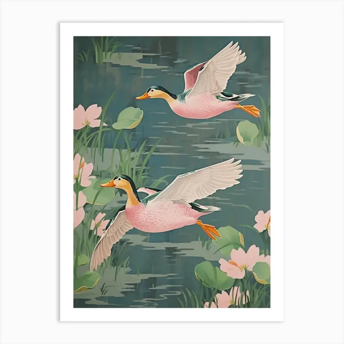 Vintage Japanese Inspired Bird Print Mallard Duck 2 Art Print by Feathered Muse