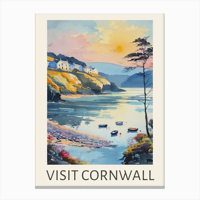 Visit Cornwall Sunset Travel Poster Canvas Print by Mambo