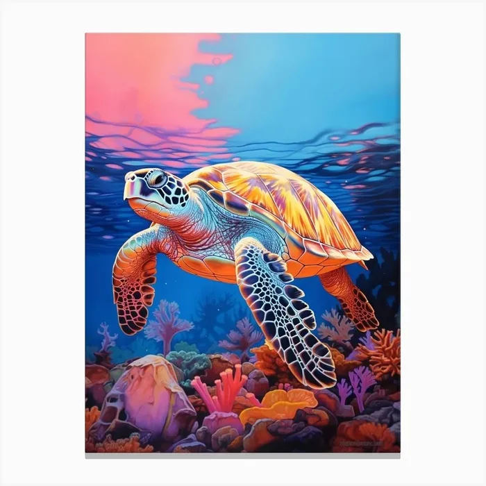 Vivid Sea Turtles In Ocean At Sunset 1 Canvas PrintMM by Marine Masterpieces