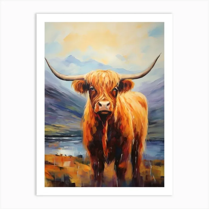 Warm Chestnut Highland Cow Brushstrokes Art Print by Exploring the Highlands