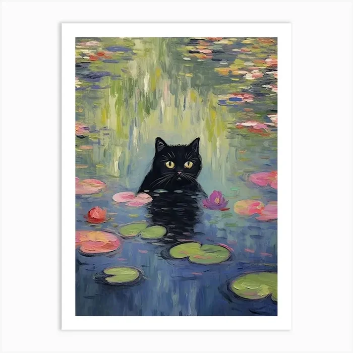 Water Lilies And A Black Cat Inspired By Monet 1 Art Print by Mambo