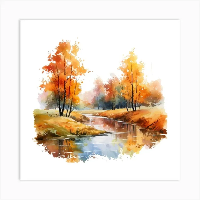 Watercolor Autumn Landscape Watercolor Painting Art Print by aPRESM