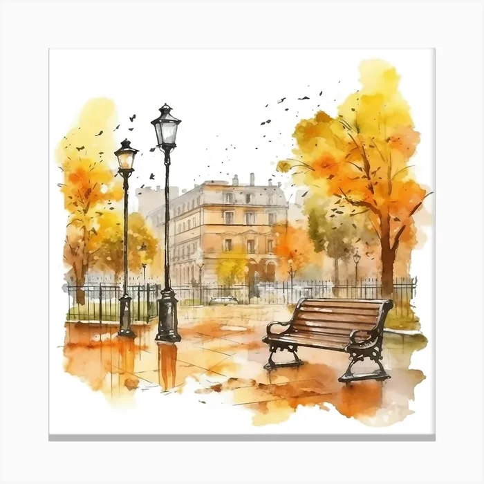 Watercolor Autumn Park Bench Canvas Print by aPRESM