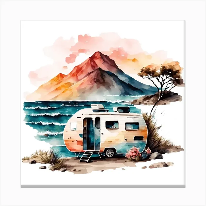 Watercolor Camper On The Beach Canvas Print by aPRESM