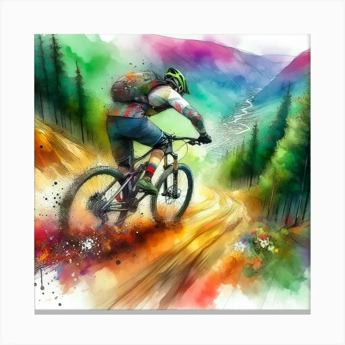 Watercolor Mountain Biker Painting Canvas PrintV by viart.