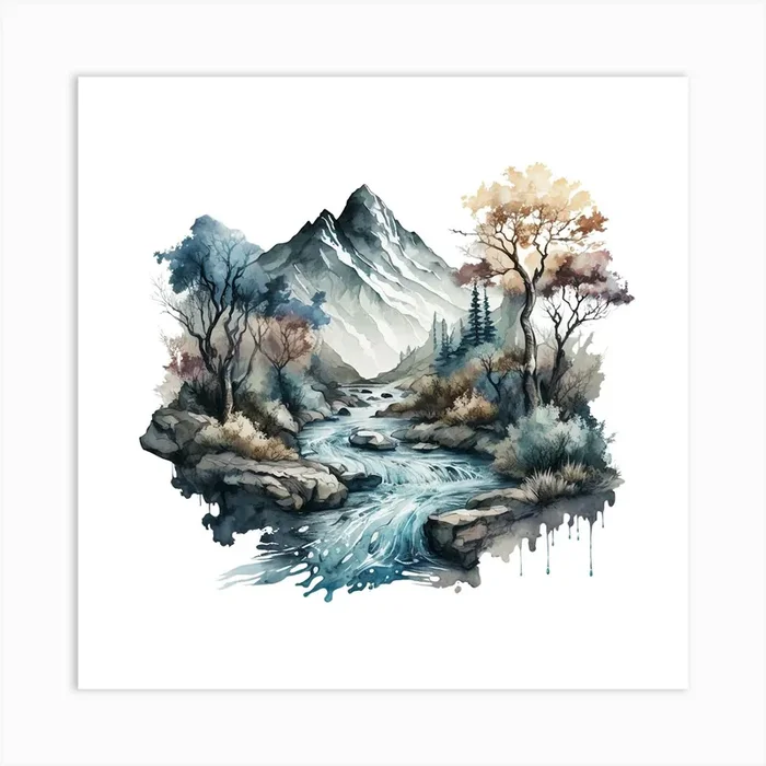 Watercolor Of A Mountain Stream 4 Art Print by aPRESM